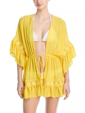 295$ Ramy Brook Amalia Swim Cover-Up Dress Tiered Ruffle Hem Size M Lemon Drop